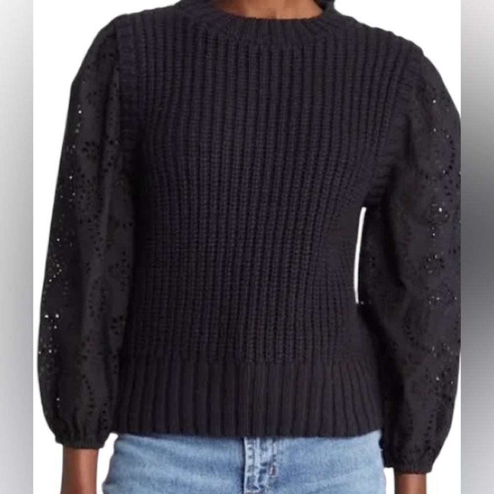Rails Black Puff Sleeve Knit Top Eyelet Sleeve Sweater Blouse Fitted Ribbed M